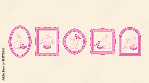 Five pink decorative frames with cute baby-themed doodles on a cream background, ideal for nursery decor and baby milestone wall art