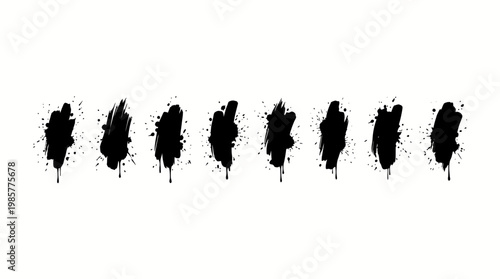 Row of black brush stroke silhouettes on white background, abstract ink marks, minimalist art pattern