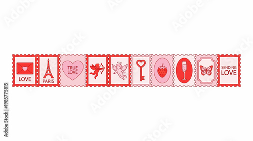 Strip of pink and red postage stamps featuring love, hearts, Eiffel Tower and travel icons for romantic design and scrapbooking.