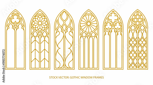 Gold Gothic window frame collection with multiple intricate lancet arch tracery patterns in a vector illustration, ideal for architectural design, branding, and decor projects.