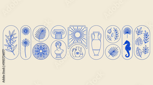 Collection of botanical icons depicting seeds, seedling growth, leaves, roots, flowers and other plant parts in clean line-art illustrations
