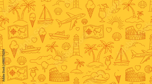 Bright yellow travel doodle pattern with tropical icons like palm trees, boats, sun, and beach vacation elements - seamless illustrated background