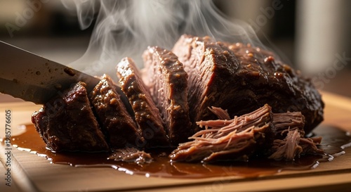 Juicy Slow Cooker Pot Roast Sliced on Cutting Board with Steam.