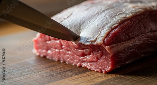 Close-up shot of a raw beef roast being sliced on a wooden cutting board.