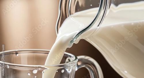 Fresh Milk Being Poured From A Glass Pitcher Into A Clear Glass.