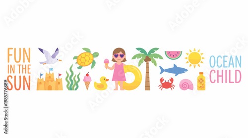Colorful Fun in the Sun Ocean Child banner with beach scene, sun, palm trees, waves, and a smiling kid for a bright, joyful summer vibe.