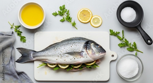 Fresh Whole Fish Prepared for Cooking with Lemon and Herbs.