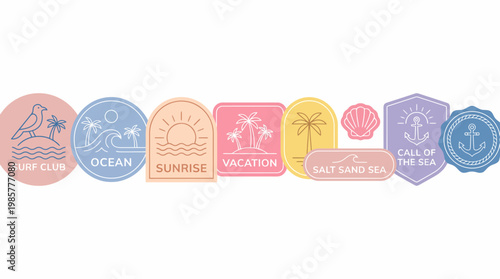 Pastel travel stamp set featuring ocean, sunrise and beach vacation icons for branding, posters and travel-themed designs.