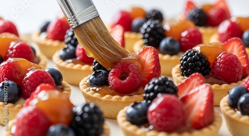 Delicious Fresh Fruit Tartlets Being Glazed with a Brush.