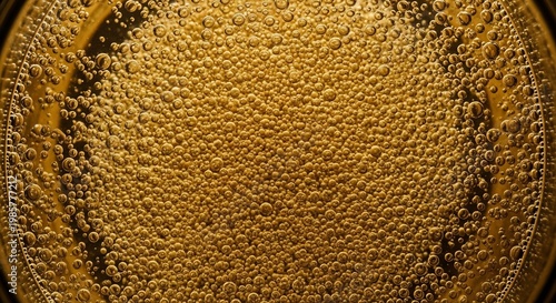 Close-up Macro Shot of Golden Bubbles in a Liquid.