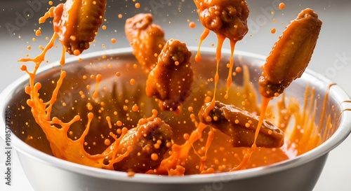 Delicious Buffalo Chicken Wings Soaking in Spicy Sauce Splash.