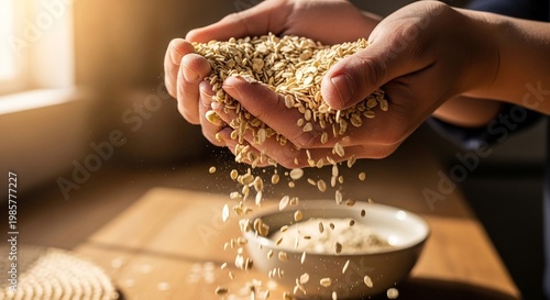 Close-up of Hands Pouring Oats into a Bowl.