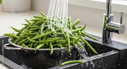 Fresh Green Beans Being Rinsed Under Running Water in a Kitchen Sink.