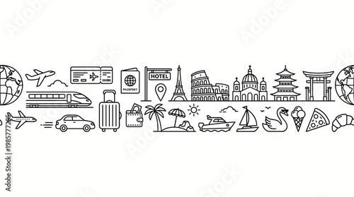 Global travel icon set in seamless line art depicting planes, trains, luggage, maps, ships and landmarks in a cohesive collage.