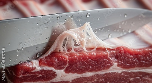 Close-up of a sharp knife slicing through raw red meat ribs.
