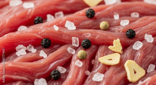 Close-up of Raw Beef Strips Seasoned with Salt Peppercorns and Garlic Slices.