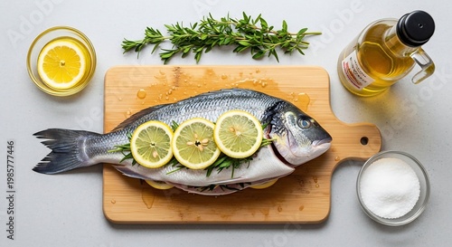 Fresh Whole Fish Prepared for Cooking with Lemon and Herbs.
