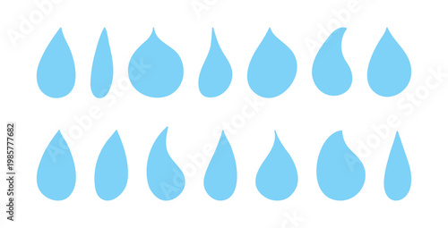 Drops simple icon. Blue water droplet silhouette set. Raindrops in flat style isolated on white background