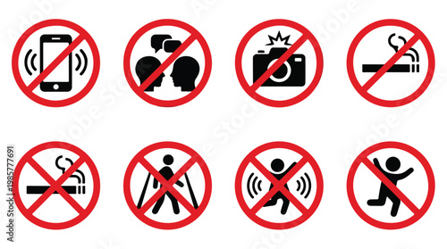 Collection of prohibition signs including no phone, no talking, no flash photography, no smoking, no entry, and no