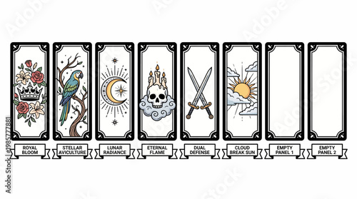 Set of nine decorative tarot-inspired oracle cards arranged in a row, each with ornate borders and symbolic celestial illustrations.