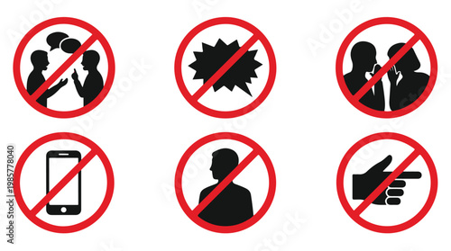 Collection of six prohibition signs indicating no talking, no shouting, no gossip, no phones, no standing, and no