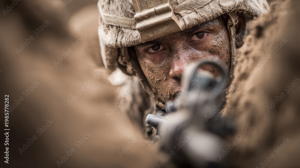 Fototapeta premium Determined soldier covered in mud aiming a rifle through dense terrain with intense focus during a military operation in challenging conditions