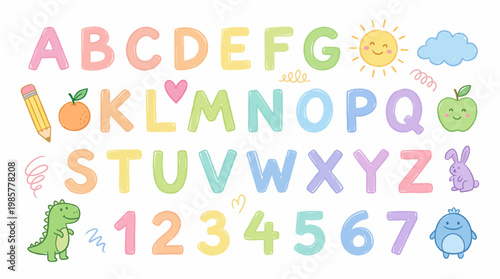Colorful A–Z alphabet poster for kids featuring pastel letters with cute icons, numbers 1–7, and playful elements like sun, cloud, pencil, carrot, dinosaur, rabbit and penguin.