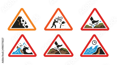 Set of six warning signs depicting natural disaster hazards like landslides, strong winds, uneven terrain, and flooding