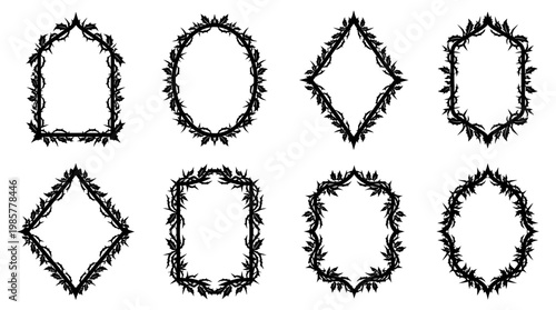 Eight jagged thorny border frames in assorted shapes (circle, oval, diamond, square) for gothic, vintage, and creative design projects
