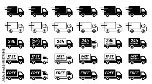 Collection of delivery truck icons for shipping and logistics, featuring fast, 24h and free shipping symbols in a vector icon set.