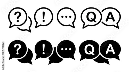 Bold black and white speech bubble icons featuring question marks, exclamations, ellipses, and Q&A signals for questions and answers in communication and dialogue design