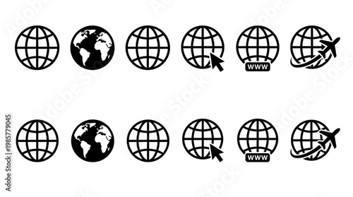 Set of black globe icons with grid lines in multiple styles, illustrating global connectivity, geography, and international business concepts.
