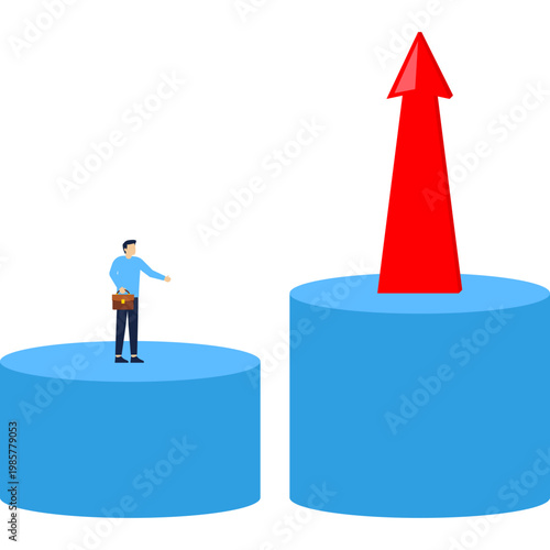 Man on stepped platforms looking at upward arrow, progress, growth, success, steps, and ambition,

