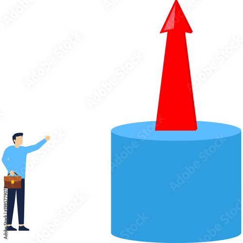 Man on stepped platforms looking at upward arrow, progress, growth, success, steps, and ambition,


