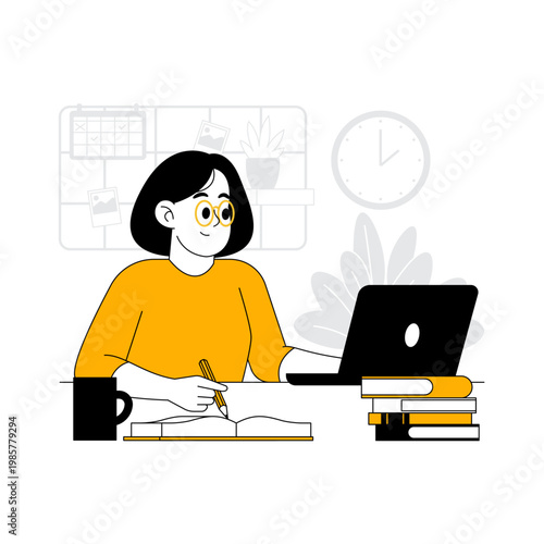 Remote Worker Studying Online and Taking Notes at Home Office – E-Learning Productivity Vector Illustration
