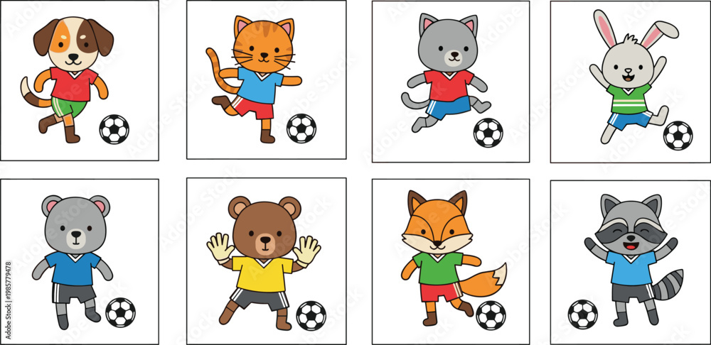 Fototapeta premium Adorable Animal Soccer Mascot Collection Featuring Dog Cat Rabbit Bear Fox and Raccoon for Youth Sports Branding Children's Educational Material and Fun Cartoon Themed Commercial Designs