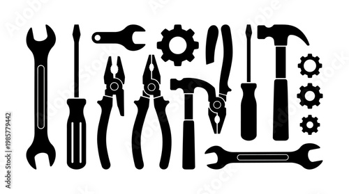 Assorted hand tools silhouette set: wrenches, pliers, screwdrivers, hammers, saws, and gears for carpentry and repair projects