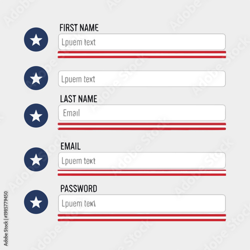 Personal registration form template featuring input fields for names and email addresses with a simple dark blue star icon