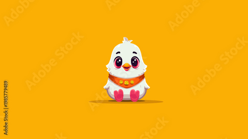 Adorable cartoon character with large eyes, a scarf and pink feet, on a yellow background