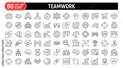 Teamwork Icons Set – 60 Collaboration and Workplace Symbols for Team Building, Communication, and Project Management