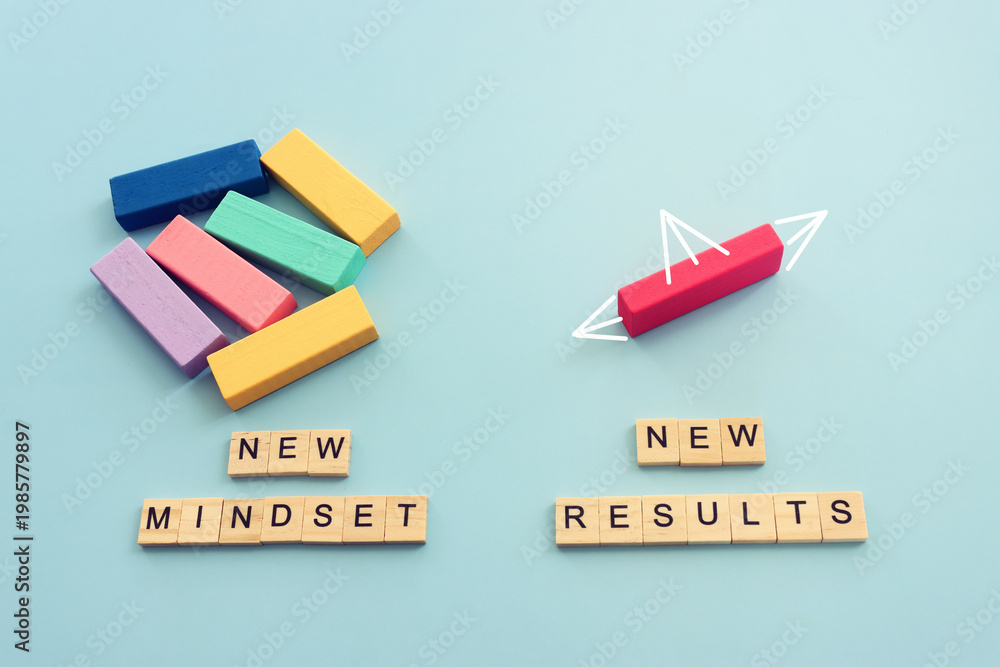 Obraz premium image of wooden cubes with the text new mindset and results. Success or personal development concept
