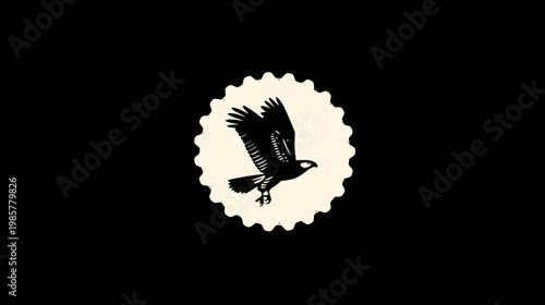 A dark silhouette of a bird in flight, inside a circle with a scalloped edge on black background