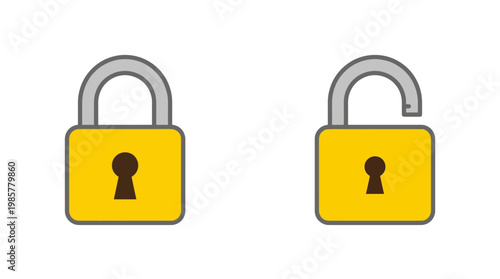 Two yellow padlocks, one unlocked and one locked, symbolizing security, access control, and data protection