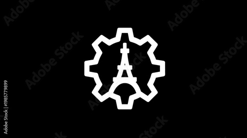 Black background featuring a white gear with a famous tower silhouette in the center