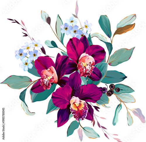 Tropical flower bouquet. Summer bouquet. Paradise flowers. Exotic, tropical bouquet.