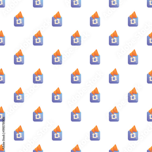 Pattern featuring repeating megaphones emerging from square icons displaying an update symbol