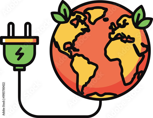 A cartoonish Earth globe with green leaves, powered by a green electrical plug, symbolizing sustainable energy.