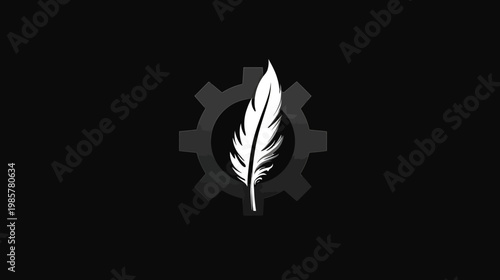Black background with gear behind a white feather, featuring shades of gray to provide contrast