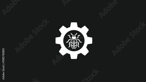 A white gear icon encompassing a bug. Set against a dark background for design use