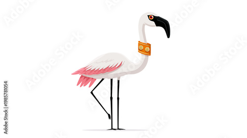 A stylized cartoon flamingo standing on one leg, with a collar. White background